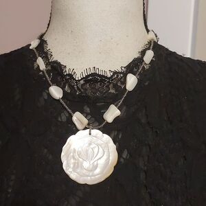 Carved Flower on MOP Shell Pendant Pearlescent Shell Station Necklace